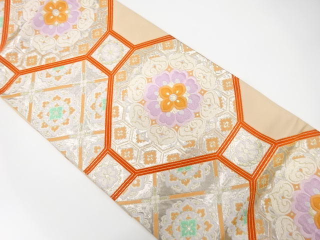 JAPANESE KIMONO / ANTIQUE FUKURO OBI / SILK / WOVEN FLOWERSSHOKKOMON PATTERN